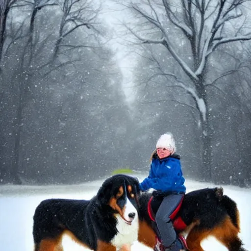 Image similar to girl riding giant Bernese Mountain Dog in the park, snow, trending on artstation