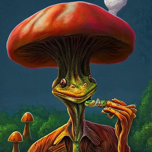 Image similar to A centered chest up portrait of a scary psychedelic godlike anthropomorphic frog smoking tobacco , magic mushroom village in background . award winning. superb resolution. in the art style of junji Ito and greg rutkowski . Detailed Mushroom city in background. Hyper realistic anime. Perfect art. Dalle2