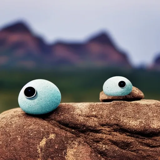 Image similar to Photograph of two rocks with a pair googly eyes at edge of a mountain in a savana