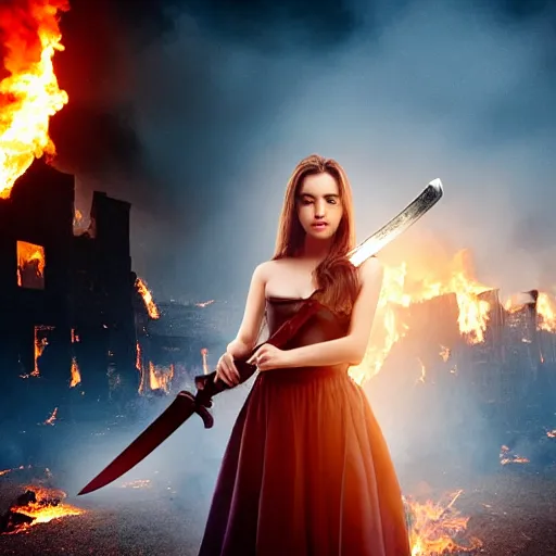 Image similar to a beautiful girl with a beautiful face in a torn dress holding a sword against the background of a burning city, finale fantasy