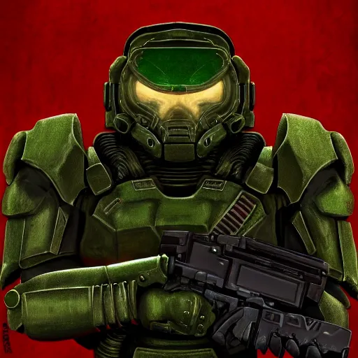 Image similar to portrait of doomguy from game doom, highly detailed, 8 k render centered, digital painting