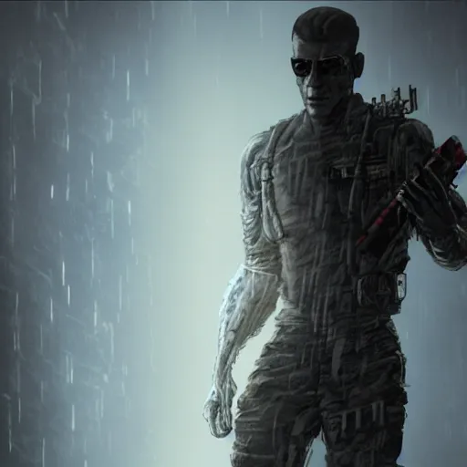 Prompt: rock - man as a soldier smoking a cigarette, still from the movie universal soldier, still from the movie terminator, fog, dramatic lighting, cinematic, 4 k, full body shot, backlit, rim lighting, full body photgraph, shap, football armor, cyberpunk, bladerunner, extreme detail, light rain, trending on artstation, spot light