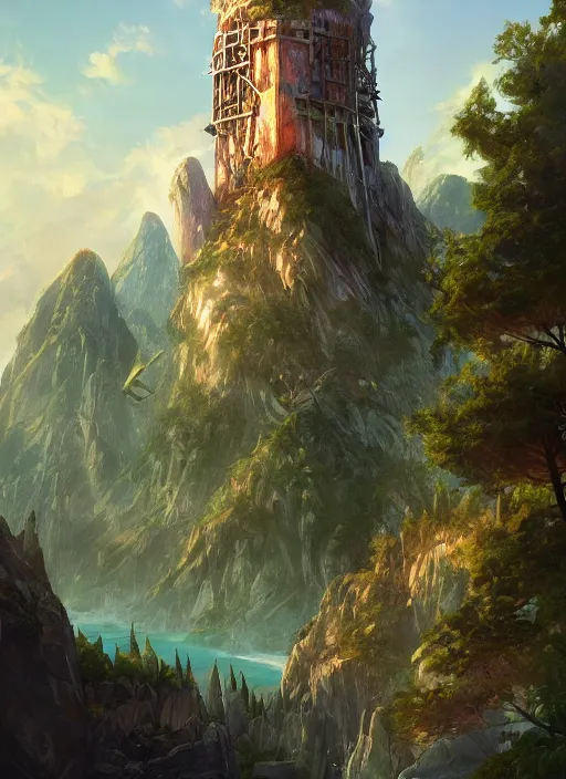 Image similar to A beautiful digital painting of a wizard's tower, crystal lake, lovely valley by Stanley Artgerm Lau, Rossdraws, James Jean, gerald brom, Andrei Riabovitchev, Marc Simonetti, and Sakimichan, trending on artstation