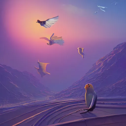 Image similar to night panoramic bird hyper realism nature photography fantasy octane render rich by syd mead, lisa frank, rhads, greg rutkowski, moebius