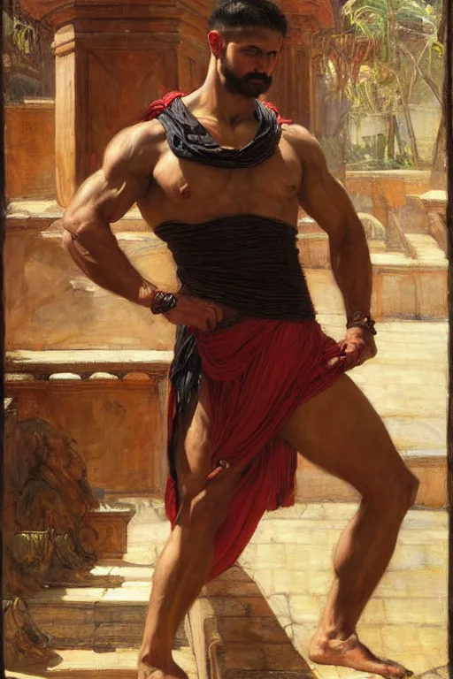 Prompt: muscular botanist man, orientalist intricate portrait by john william waterhouse and edwin longsden long and theodore ralli and nasreddine dinet, hyper realism, dramatic lighting