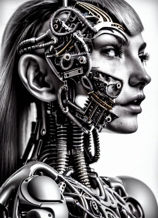 Image similar to a stunning young female cyborg profile face, face is made intricate tribal bio - mechanical, editorial photography, shot on 7 0 mm, depth of field, f / 2. 8, high contrast, 1 6 k, rays of shimmering light, volumetric lighting, shiny, insanely detailed and intricate, hypermaximalist, elegant, ornate, hyper realistic, super detailed