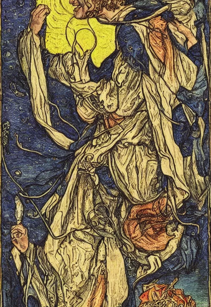 Image similar to Yoshua Bengio smiling on the Rider–Waite tarot. Illustration by preraphaelists.