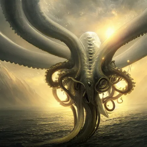 Image similar to epic cinematic shot of a big squid monster with long golden tentacles flying in deep space digital painting, artstation, concept art, soft light, hdri, smooth, sharp focus, illustration, fantasy, intricate, elegant, highly detailed, D&D, matte painting, in the style of Greg Rutkowski and Alphonse Mucha and artemisia, 8k, highly detailed, jurgens, rutkowski, bouguereau, pastoral, rustic, georgic