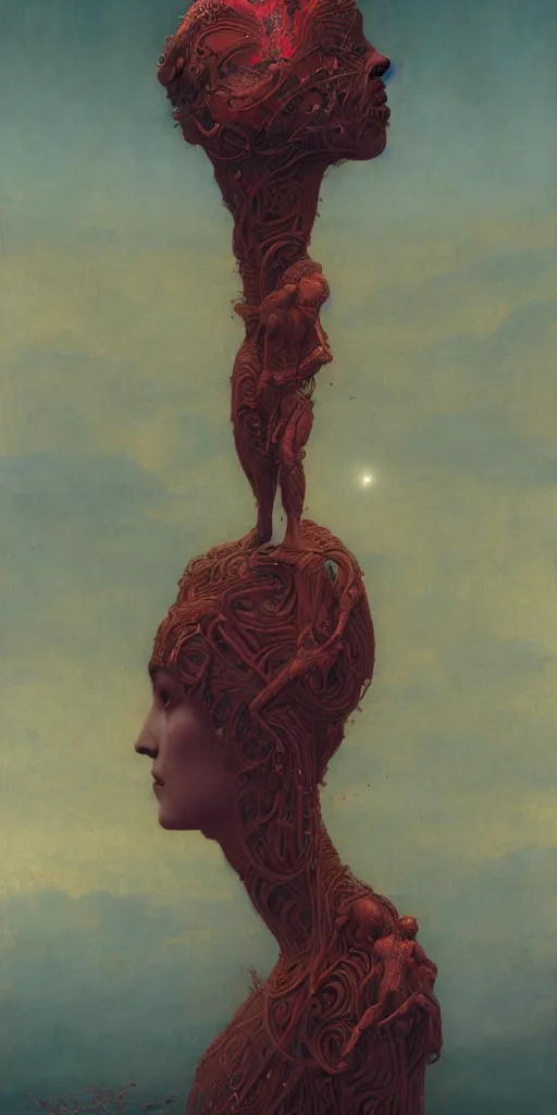 Prompt: Woman masterpiece, red, golden halo behind her head, by Edgar Maxence and Ross Tran, Zdzisław Beksiński, and Michael Whelan, distant, gustav dore, H.R. Giger, 8k, octane render
