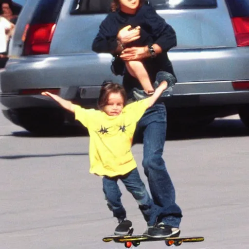 Image similar to baby nicolas cage skateboarding