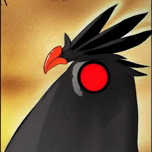 Prompt: crazy black chicken looking angry at you with red eyes, anime style