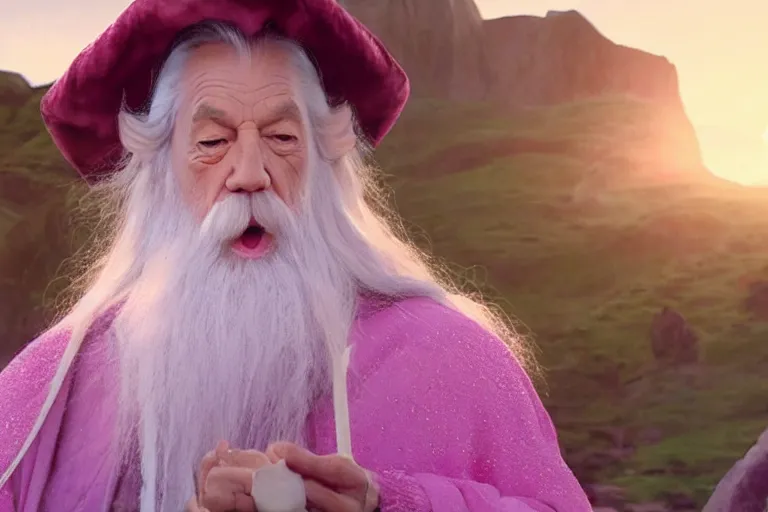 Image similar to portrait of Gandalf wearing pink Hello kitty costume, smiling warmly, sunrise, movie still from Lord of the Rings, cinematic