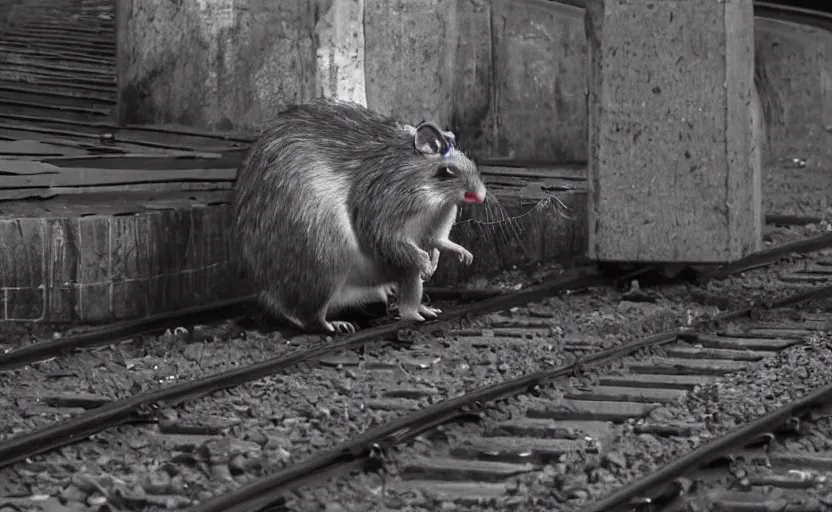 Image similar to giant mutant antropomorphic rat sitting on railways of tonnel of moscow subway. extreme high detail. photo by russos. dark and fear atmosphere.