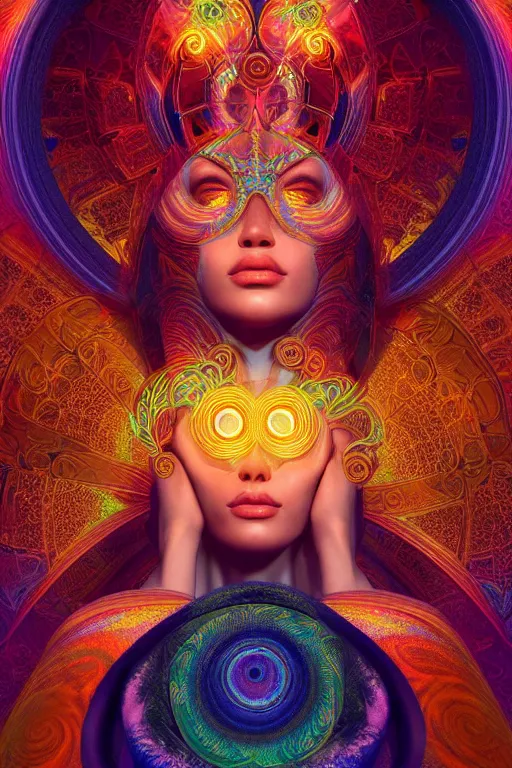 Prompt: a centered render of an alluring goddess wearing a psychedelic mask surrounded by a glorious sacred energy made from geometry and spiral mandel bulb fractals, powerful, cinematic, beautifully lit, by artgerm, by karol bak, 3 d, trending on artstation, octane render, 8 k