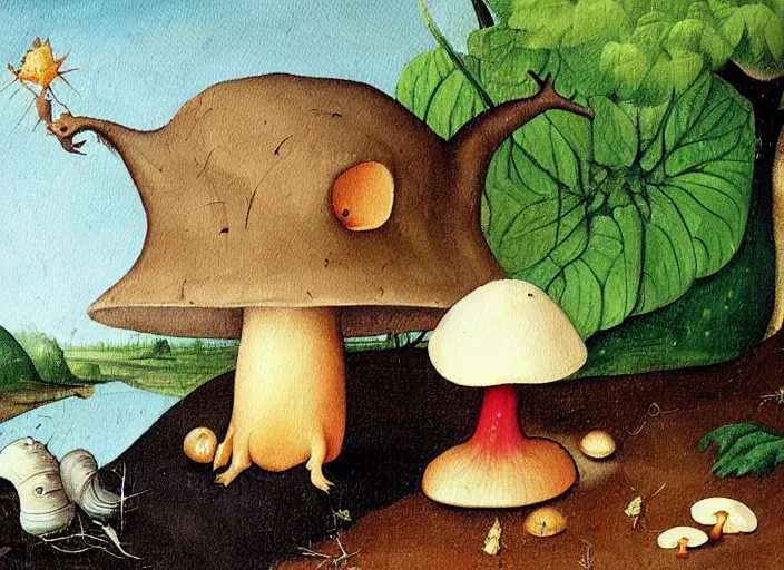 Image similar to a painting of a cute creature sitting next to a mushroom, detailed, realistic, in style of hieronymus bosch