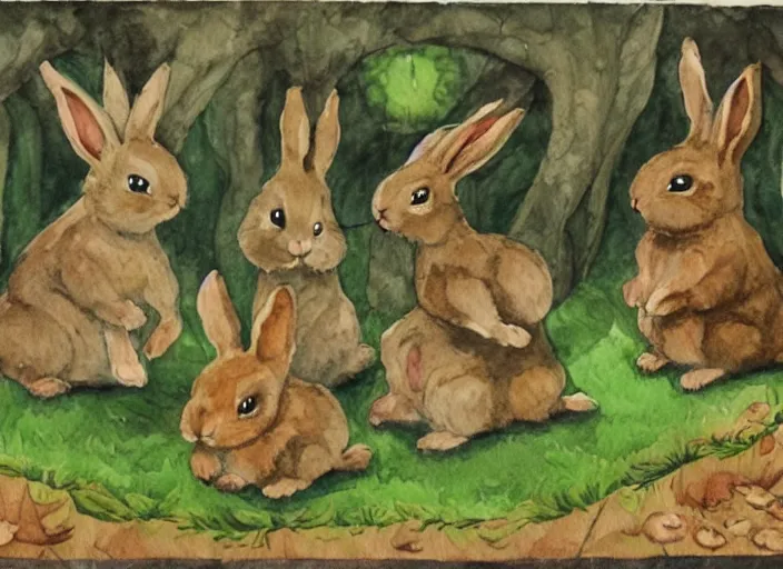 Prompt: old kids book illustration of bunnies doing a demonic ritual in a small cute forest. watercolor painting.