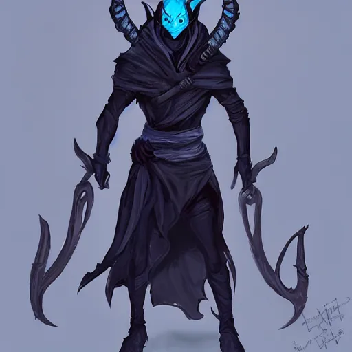 Image similar to D&D character concept art of a cloaked tiefling, tiefling rogue, blue skin color with short horns and a devil tail, fighting pose of a Rogue holding daggers, black cloak hidden in shadows, full body pose, soft colors, fantasy, intricate, elegant, highly detailed, digital painting, artstation, concept art, smooth, sharp focus, illustration, wide angle shot, full body visible, art by artgerm and H R Giger and alphonse mucha