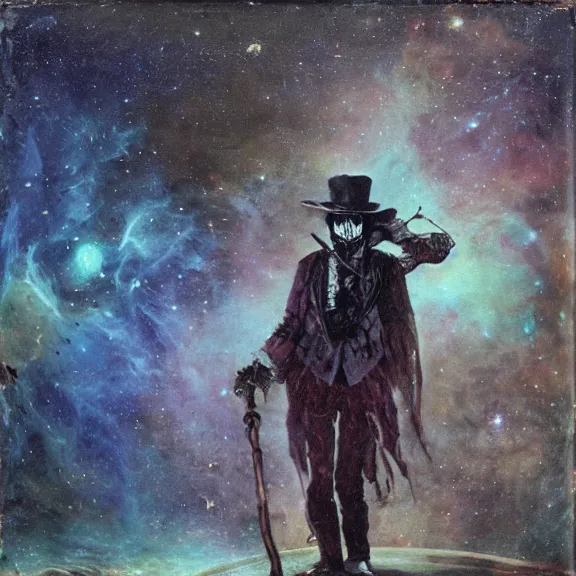 Image similar to grim-hatter, skull cane, voodoo ritual gear, matte painting art from goya and pirner, cursed oil painting, cosmic nebula color tones, camera footage from the cursed mission