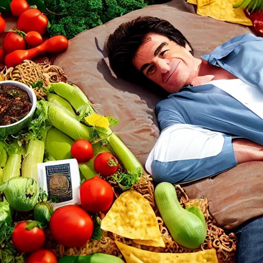 Prompt: mehmet oz lying down in oversized dish of vegetables with dollar bills!!!!!, and salsa and tortilla chips, detailed and intricate environment - n 4