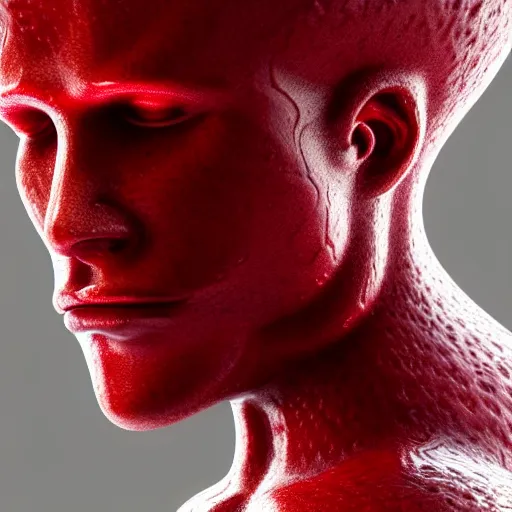 Prompt: man's head made out of strawberry skin, head is exploding in a swirl of jam : ornate, dynamic, particulate, intricate, elegant, highly detailed, centered, artstation, smooth, sharp focus, octane render