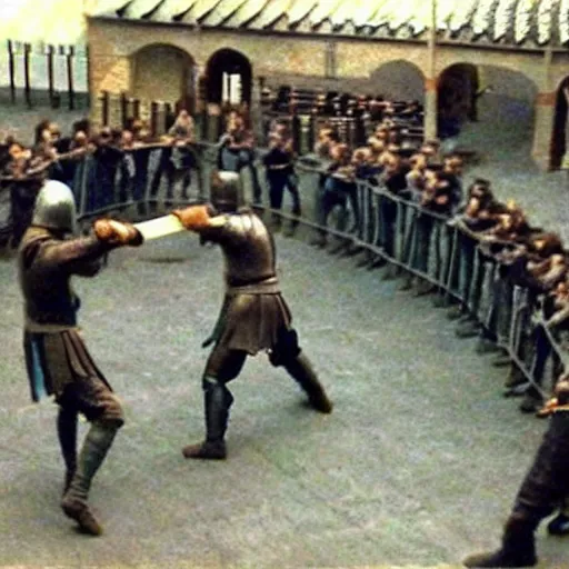 Prompt: medieval sword fight cctv footage, coloured photo, security cam footage