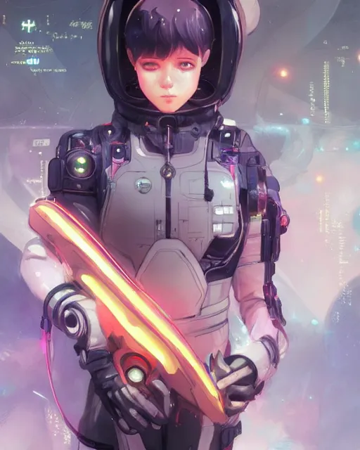 Image similar to anime visual of a female astronaut, neon, cyberpunk, black futuristic suit, stunning, highly detailed, digital painting, artstation, smooth, soft focus, illustration, art by artgerm and greg rutkowski and alphonse mucha