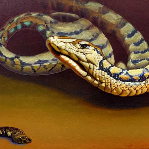 Image similar to a rattlesnake devours a world turned upside down, oil painting