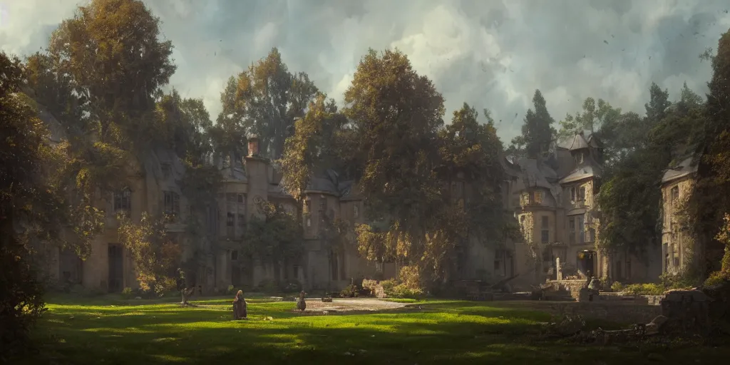 Prompt: A fancy landscape of a Medieval Noble Estate by Greg Rutkowski, Sung Choi, Mitchell Mohrhauser, Maciej Kuciara, Johnson Ting, Maxim Verehin, Peter Konig, 8k photorealistic, cinematic lighting, HD, high details, dramatic, Vivid Colors, trending on artstation