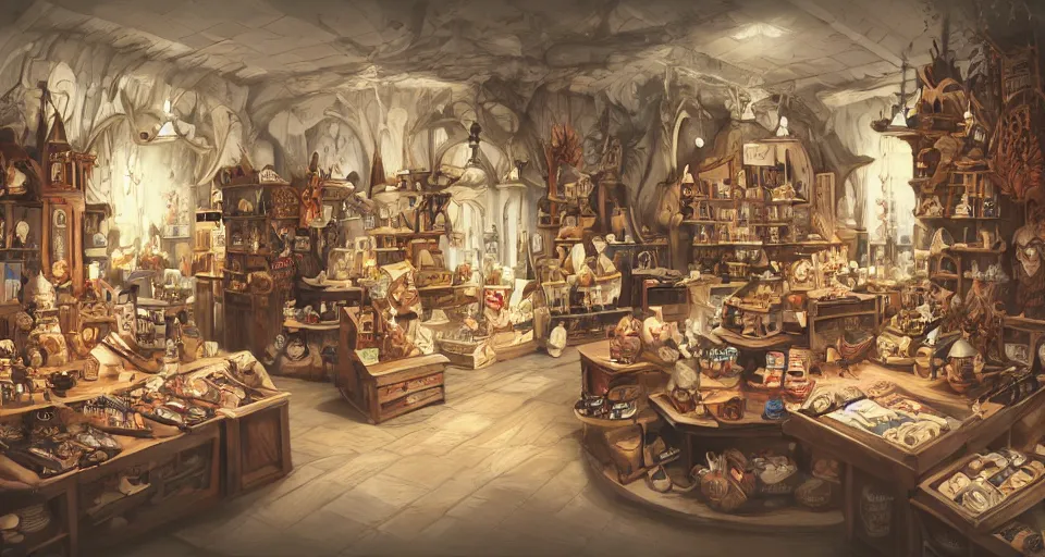 Image similar to A beautiful artwork illustration, a cursed gift shop, featured on artstation, wide angle, horizontal orientation