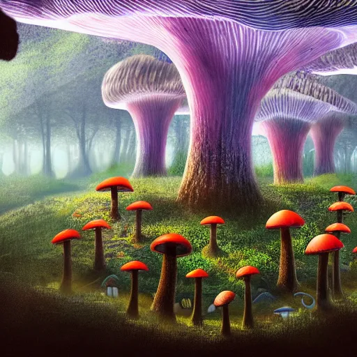 Prompt: mushroom city in the middle of the forest, high details, godrays, 4k