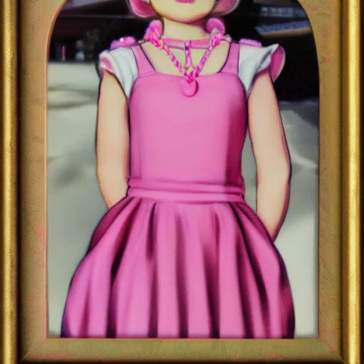 Image similar to beautiful pink little girl, profile picture, vintage fashion, highly detailed, reflection, realistic artwork, hd, inspired by jojo bizarre adventure