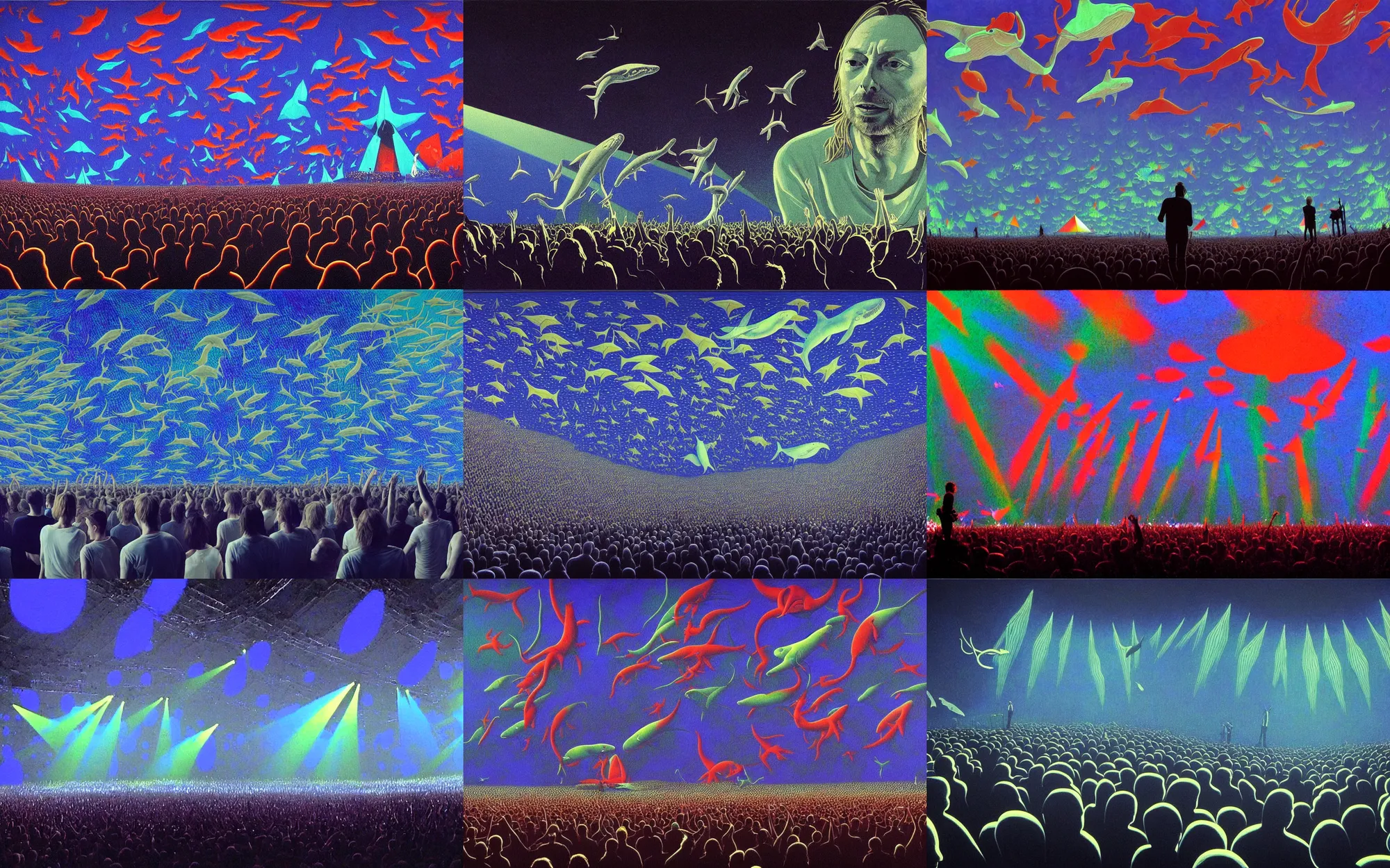 Prompt: thom yorke on stage at a radiohead concert, seeing weird fishes swimming in the air, whales, mantis, dolphins and swordfish, thom yorke and the band looked surprised, painting by jean giraud, volumetric light, large crowd and lightshow in the background, very detailed, dreamy, surreal, atmospheric, weird