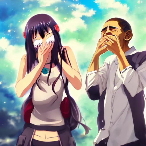 Prompt: anime girl waifu crying upset in tears, anime Obama laughing at her plight, anime key visual pixiv trending on artstation