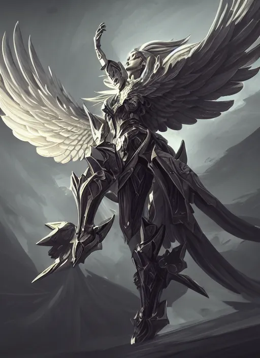 Prompt: a highly detailed illustration of winged divine armored angel, ominous floating pose, intricate, elegant, highly detailed, centered, digital painting, artstation, concept art, smooth, sharp focus, league of legends concept art, wlop.