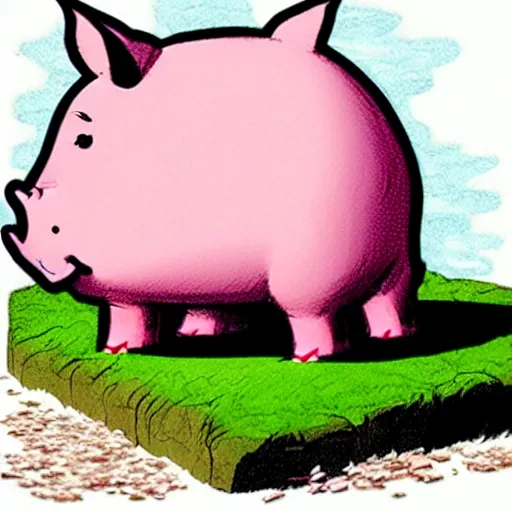 Prompt: comic art of a cute far pig sitting on pile of pink salt, drawn by Bruce MacKinnon, vivid color, cgsociety 4K