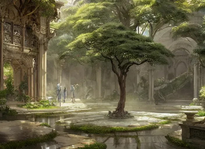 Image similar to A wide open courtyard in a beautiful elven city made of ivory, anime, lush trees, fountain, a fantasy digital painting by Greg Rutkowski and James Gurney, trending on Artstation, highly detailed