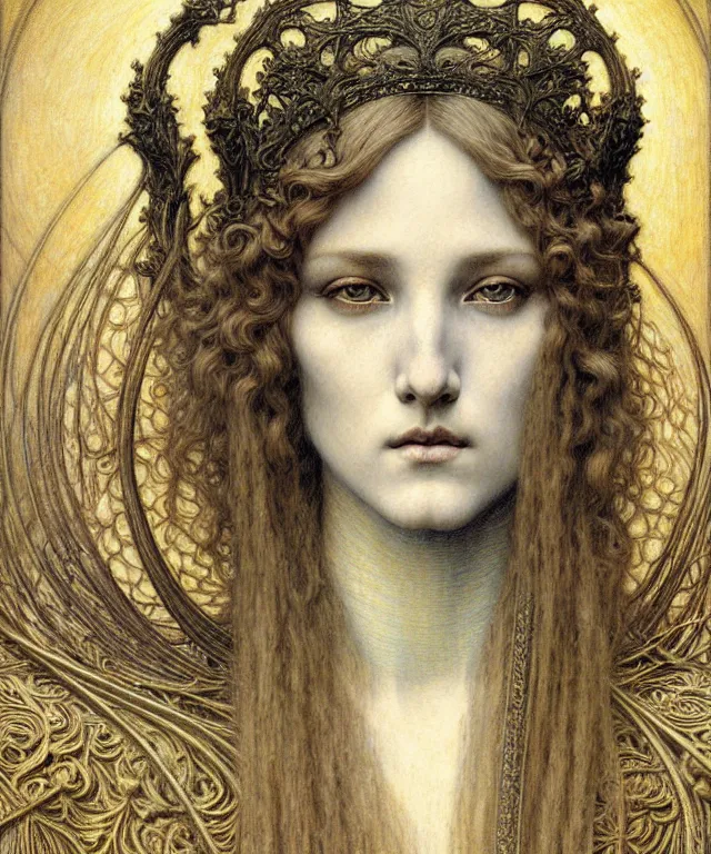 Image similar to detailed realistic beautiful young medieval queen face portrait by jean delville, gustave dore and marco mazzoni, art nouveau, symbolist, visionary, gothic, pre - raphaelite. horizontal symmetry