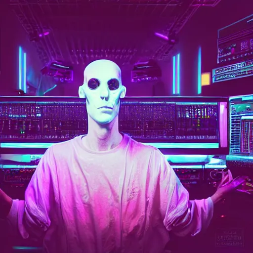 Prompt: a realistic detailed studio portrait photo of a beautiful alien ghost, synthwave cyberpunk psychedelic vaporwave