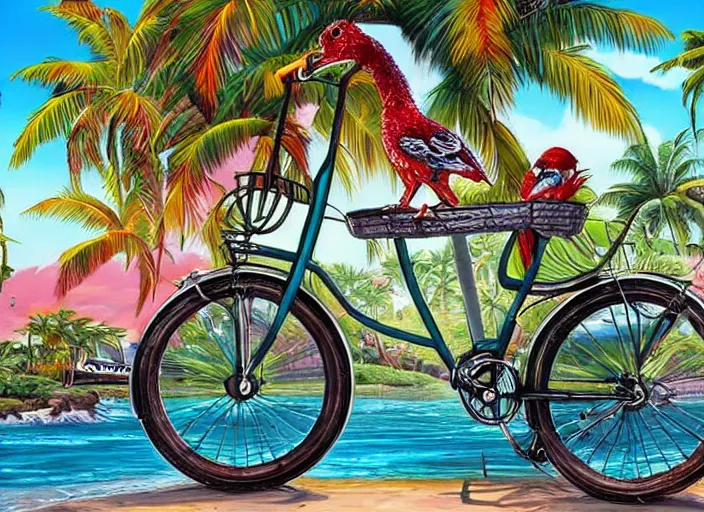 Prompt: 🚲🦜🌴🌞, lowbrow, 3 - d, detailed, in the style of adi granov,