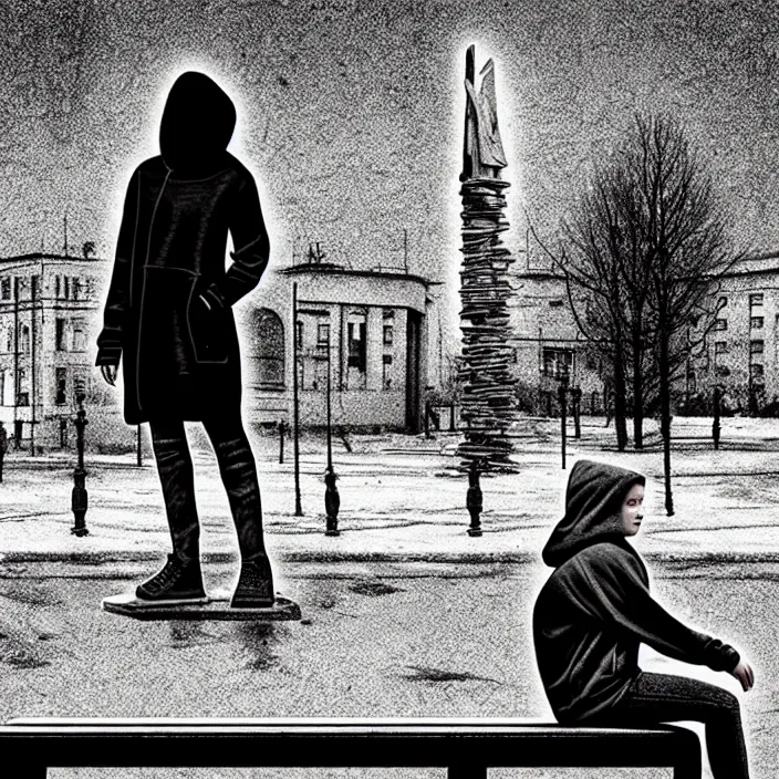 Image similar to sadie sink in hoodie sat on bench in ruined square, pedestrians walk by. background of old soviet monument and pedestrians. storyboard, scifi cyberpunk. by gabriel hardman, joe alves, chris bonura. cinematic atmosphere, detailed and intricate, perfect anatomy