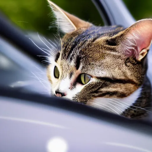 Prompt: photo of a cat driving a tiny car at very high speed, motion blur