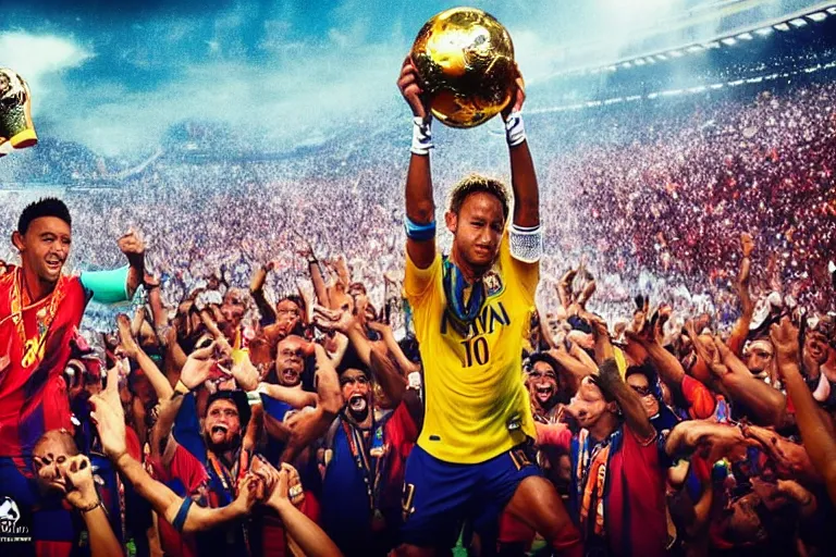 Prompt: neymar jr lifting the world cup, cinematic, dramatic, color grading, photojournalism, colorful, highly detailed