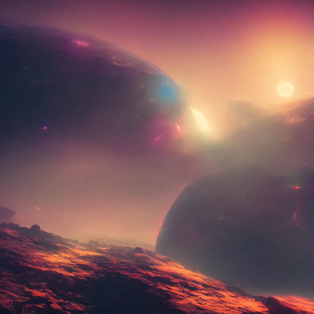 Image similar to horizon of a colorful exoplanet, view from space far away, artstation, cinematic, by greg rutkowski, scifi, digital art, digital painting, unreal engine, 8 k, volumetric lighting, contrast