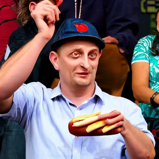 Prompt: Tim Robinson biting his hand instead of the hot dog in his hand