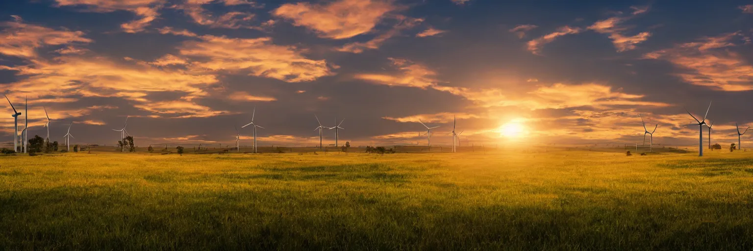 Prompt: a small two storey home nestled on farmland next to a solar panel array with a wind farm of turbines on the horizon, golden hour, in the style of studio ghibli