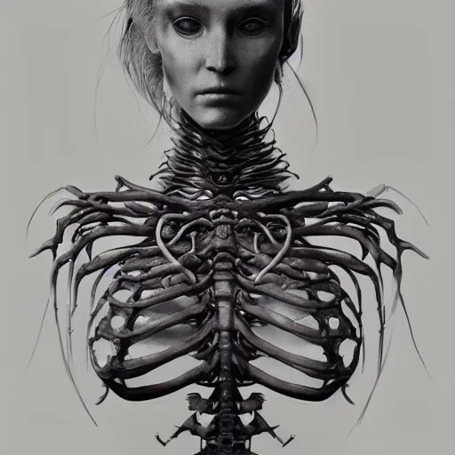 Image similar to ! dream hyperrealistic photography of a highly detailed and symmetrical gorgeous cyborg female, rib cage, in the style of beth cavener, jin kagetsu, james jean and wlop, highly detailed, face symmetry, masterpiece, award - winning, sharp focus, intricate concept art, ambient lighting, 8 k, artstation