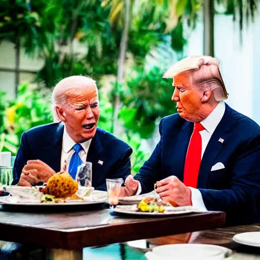 Image similar to Trump and Biden having dinner at a fancy Balinese restaurant, award winning photography, 85mm, perfect faces