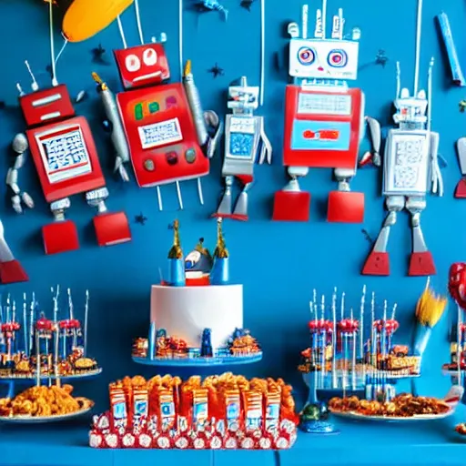 Image similar to robots having a cool party birthday party, highly detailed