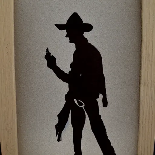 Prompt: transparent siluette of a cowboy. transperent screen - printed on top of a photo. sun - bleached highlights. sanded surface. scratches on the surface soft colors
