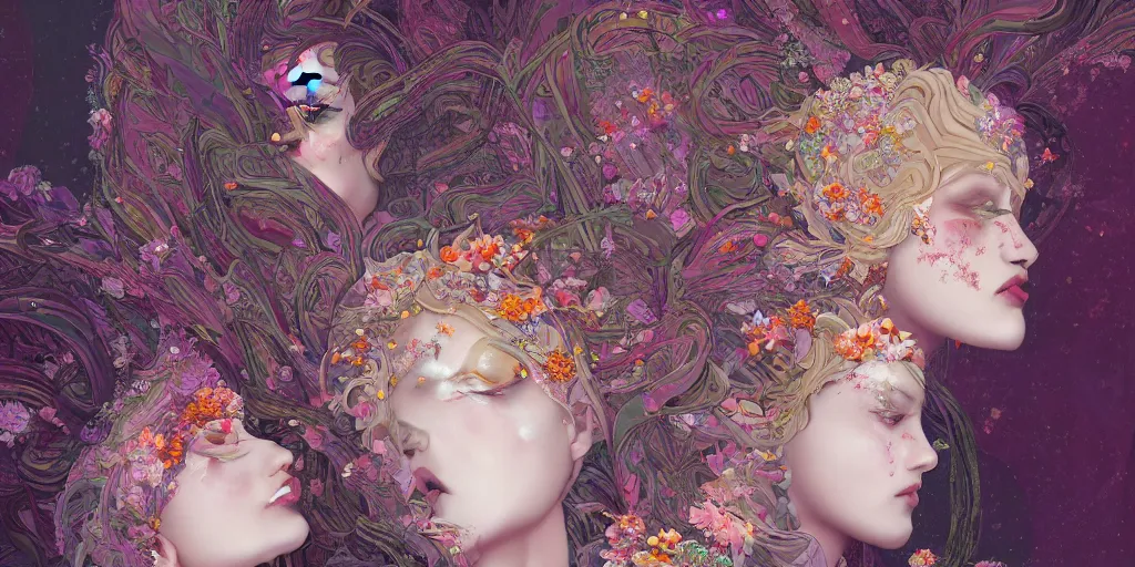 Image similar to breathtaking detailed concept art painting kaleidoscope art deco pattern of blonde faces goddesses amalmation flowers, by hsiao - ron cheng, bizarre compositions, exquisite detail, extremely moody lighting, 8 k